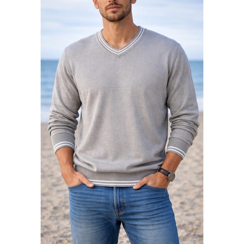 Maremma Italy Mens Grey V-Neck Cotton Blend Striped Trim Knit Sweater Size L 52